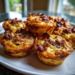 Close-up of several golden brown, baked mini quiches topped with crispy bacon bits on a white plate.
