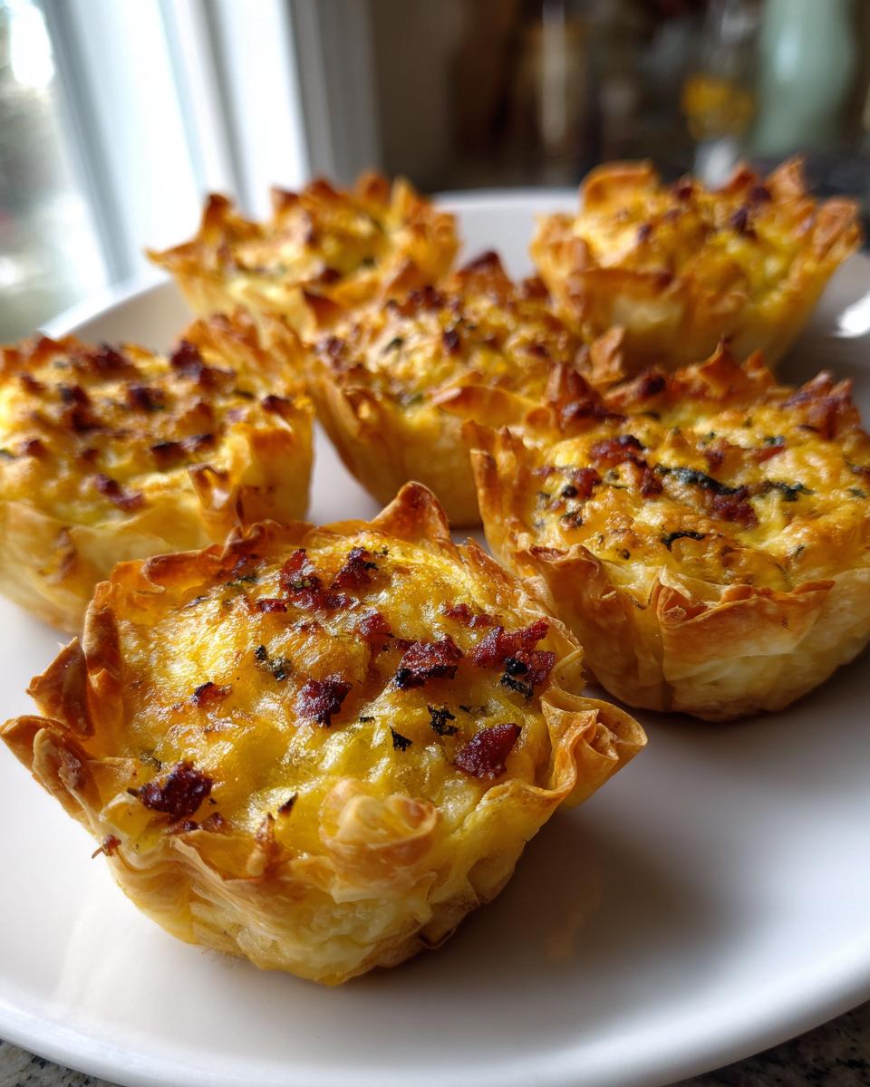 A close-up of several golden brown mini quiches in flaky phyllo cups topped with bacon bits.