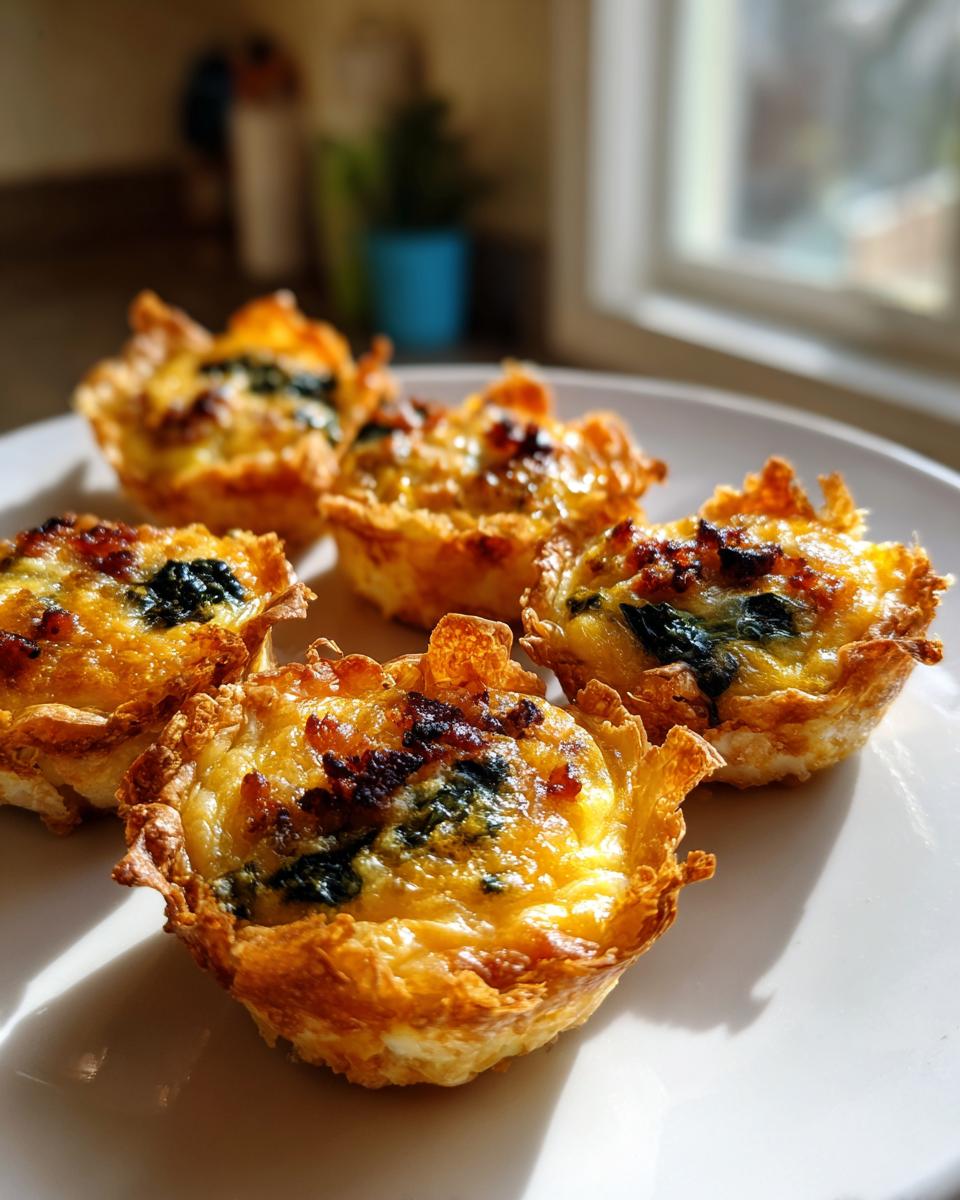 Five freshly baked mini quiches with golden crusts and visible spinach and cheese filling, sitting on a white plate.