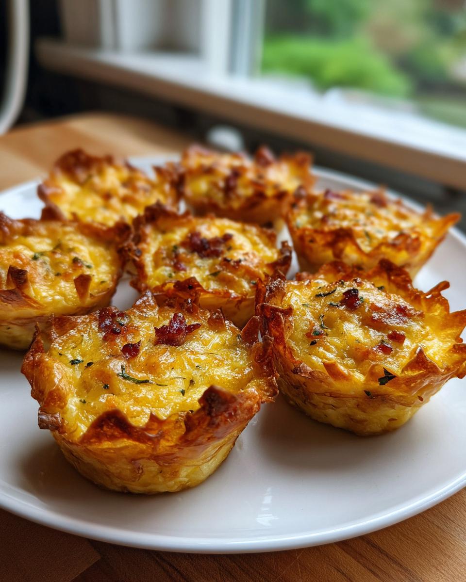 A close-up of several golden brown, crispy-edged mini quiches arranged on a white plate.