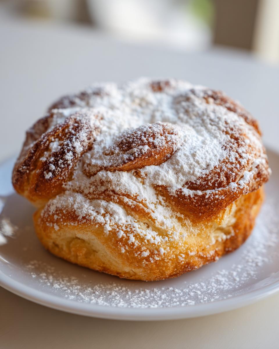 Close-up of a single, golden-brown Pan de Mallorca sweet roll dusted generously with powdered sugar on a white plate.