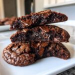 Close-up of three stacked double chocolate chip cookies, showing their rich, fudgy interior and melted chocolate chips.