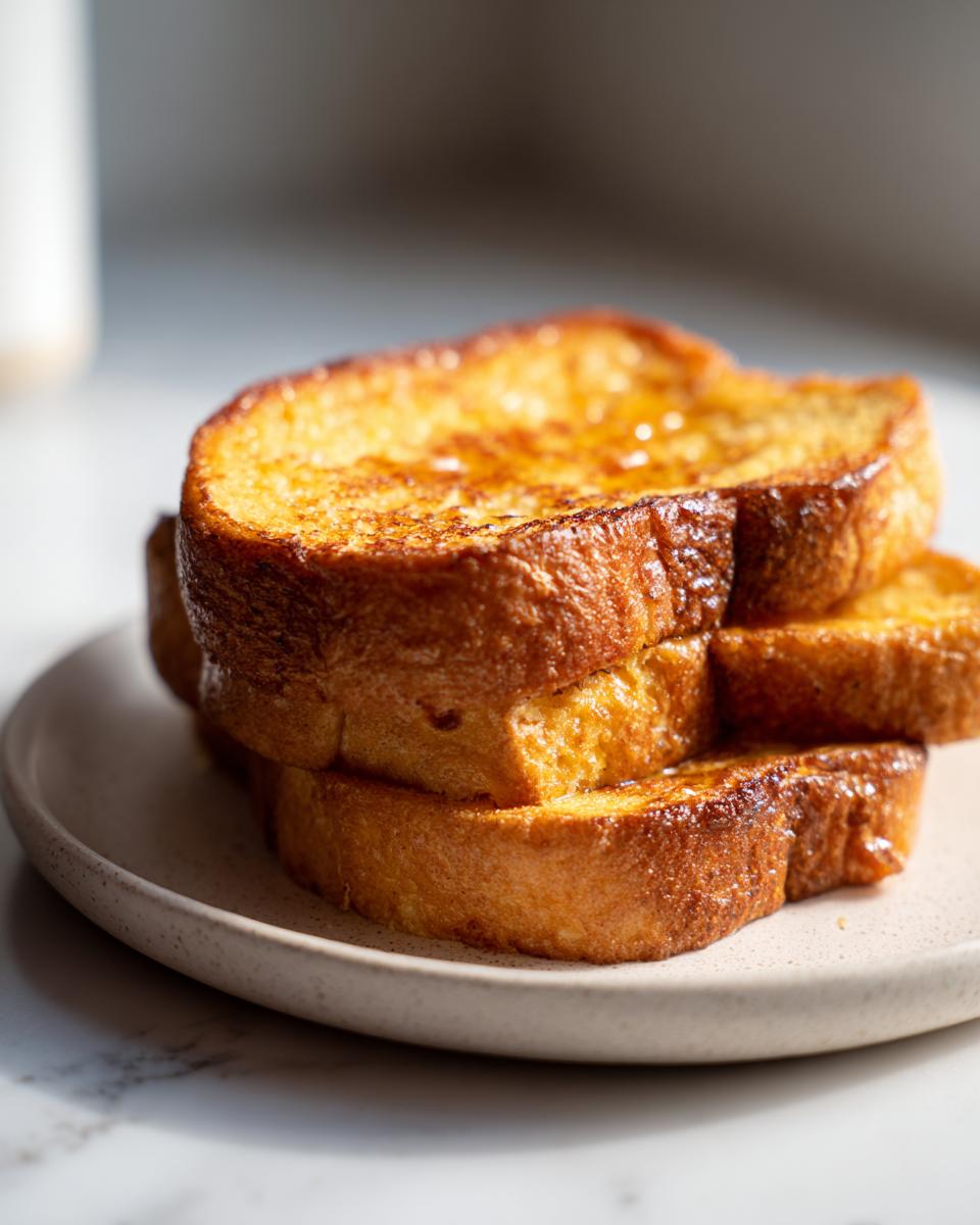 A stack of three slices of golden brown Hawaiian Roll French Toast drizzled with syrup.