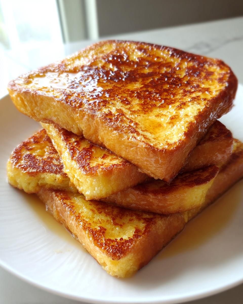 A stack of four golden-brown Hawaiian Roll French Toast slices drizzled with syrup on a white plate.