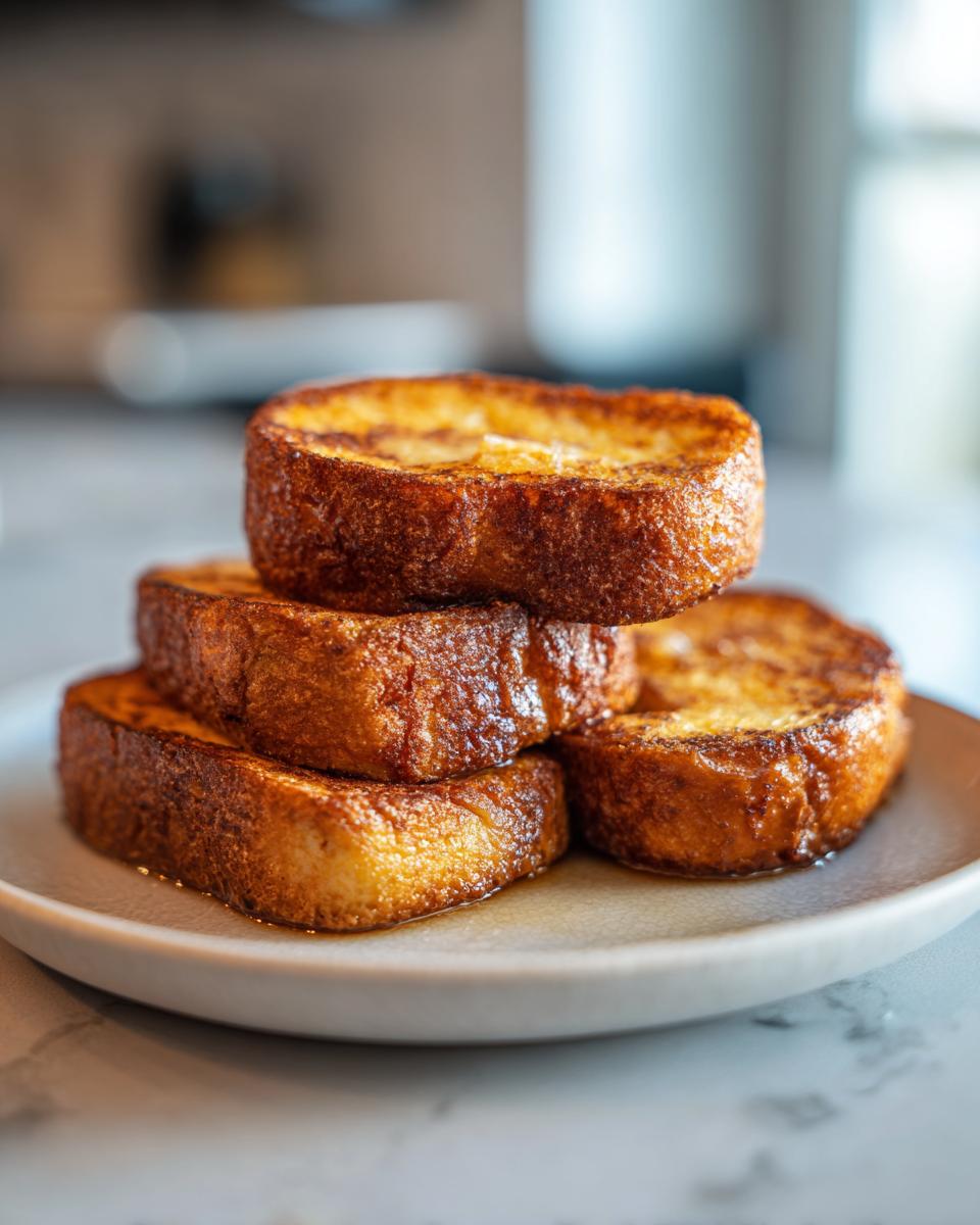 A stack of four thick, golden-brown Hawaiian Roll French Toast slices drizzled with syrup.