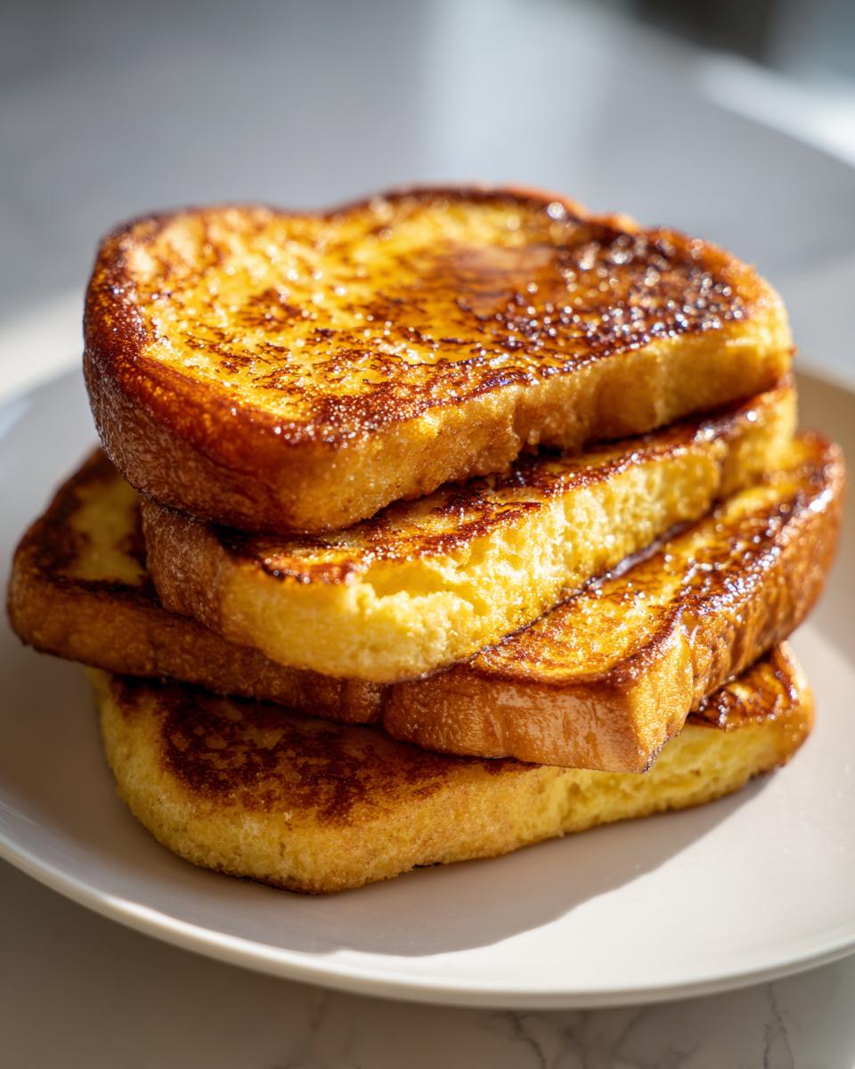 A stack of four golden-brown slices of Hawaiian roll French toast drizzled with syrup.