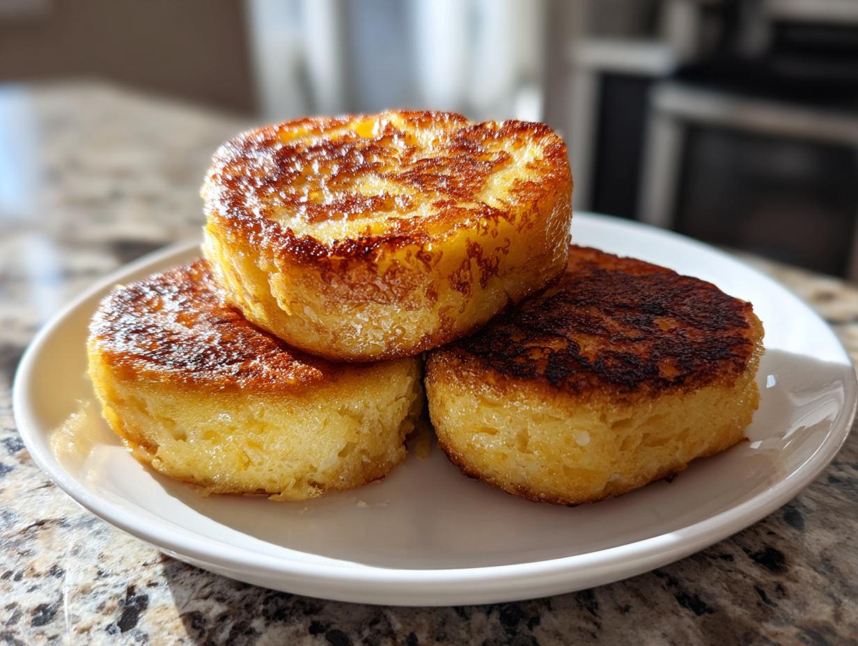 Three thick, golden-brown pieces of Hawaiian Roll French Toast stacked on a white plate.