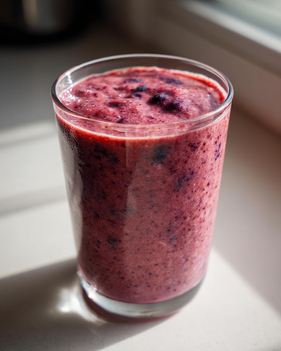 A tall glass filled with a thick, deep purple healthy fruit smoothie with kefir, sitting in bright sunlight.