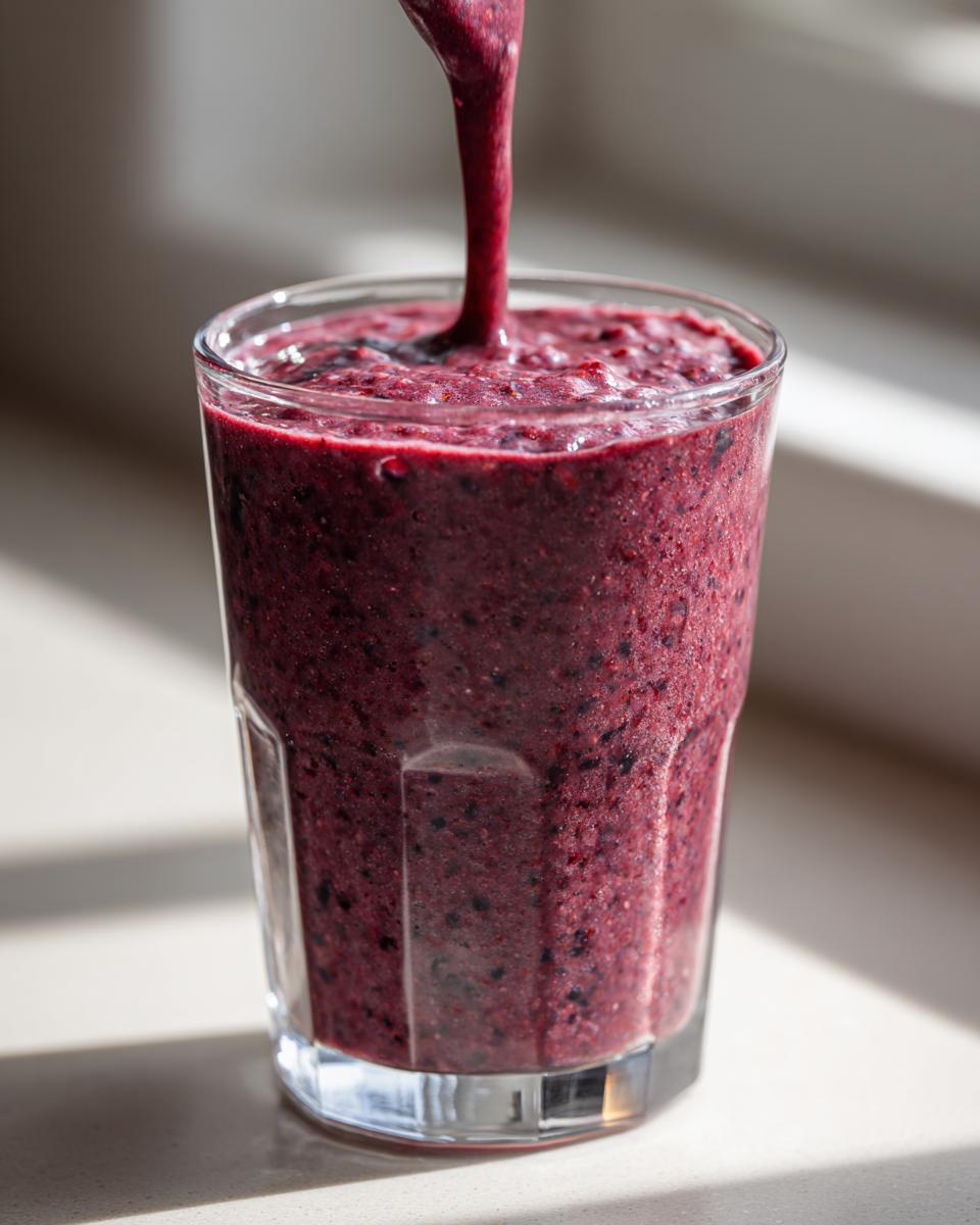 Thick, deep purple healthy fruit smoothie with kefir being poured into a tall glass.