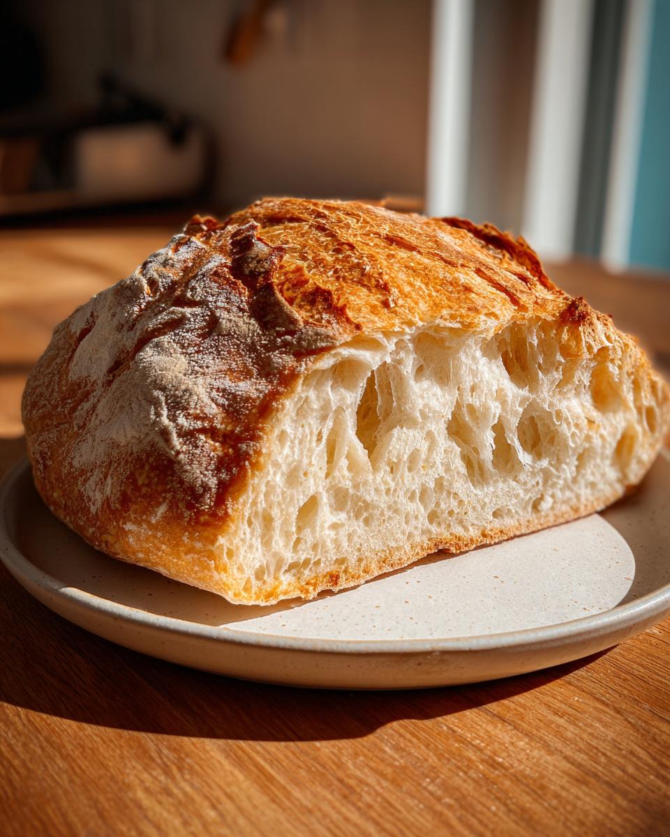 Close-up of a freshly baked homemade ciabatta loaf cut in half, showing its airy, open crumb structure.