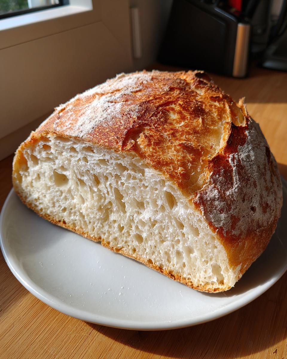 Cross-section of a homemade ciabatta loaf showing an open, airy crumb structure and a golden, flour-dusted crust.