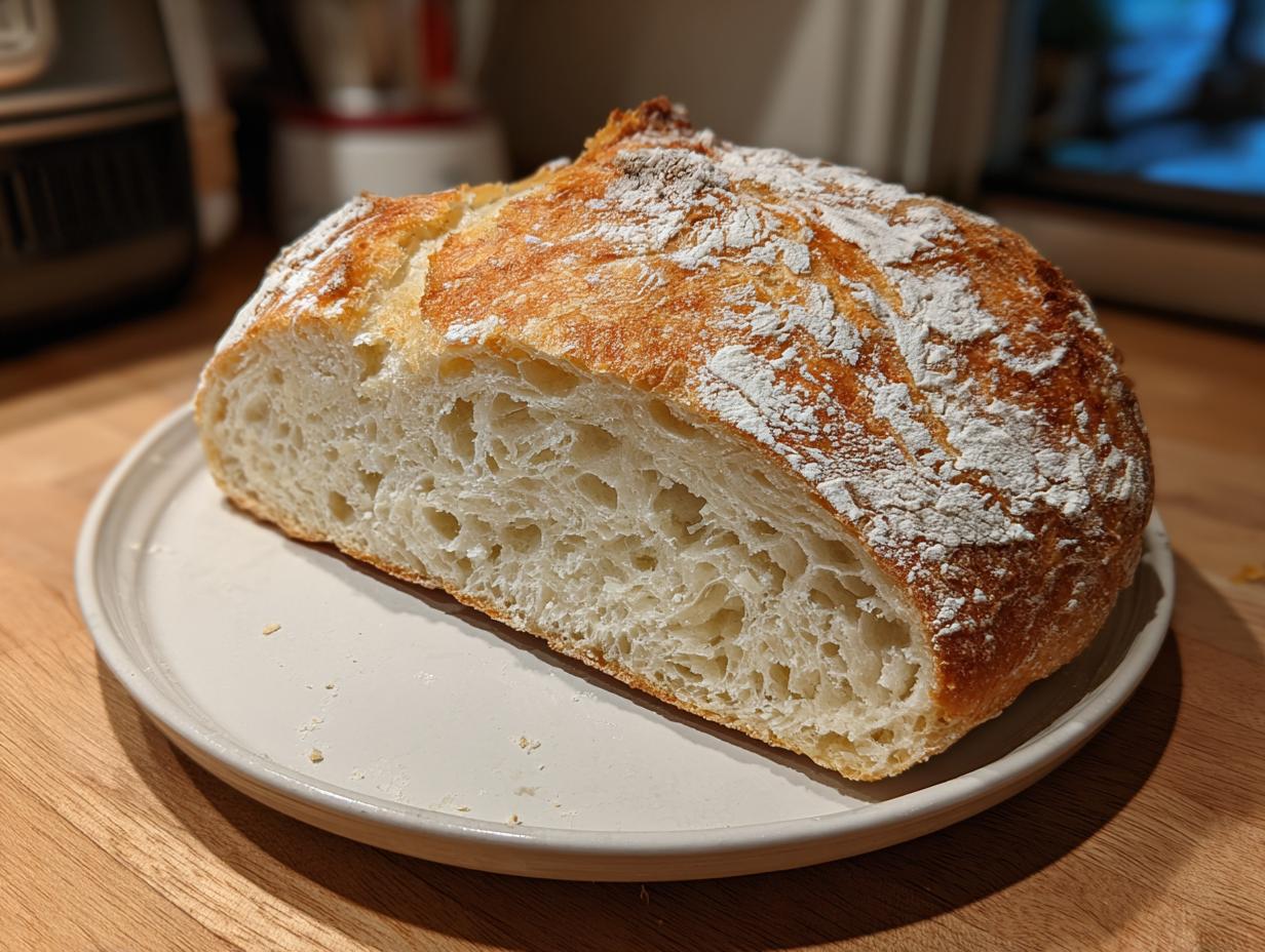 Cross-section view showing the open, airy crumb structure of a homemade ciabatta loaf dusted with flour.