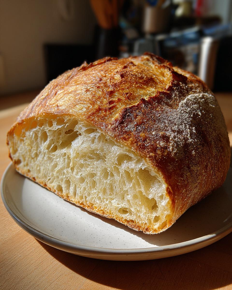 A close-up of a freshly baked homemade ciabatta loaf, cut to show its open, airy crumb and golden crust.