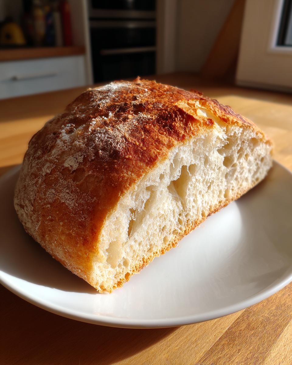 Cross-section of a homemade ciabatta loaf showing its airy, open crumb structure and golden crust.