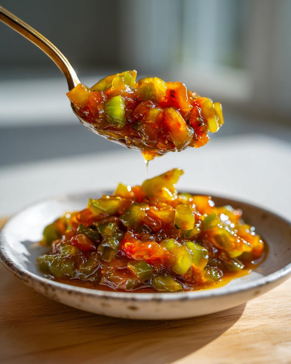 A golden spoon lifts a glistening spoonful of chunky green tomato relish above a small bowl of the finished product.