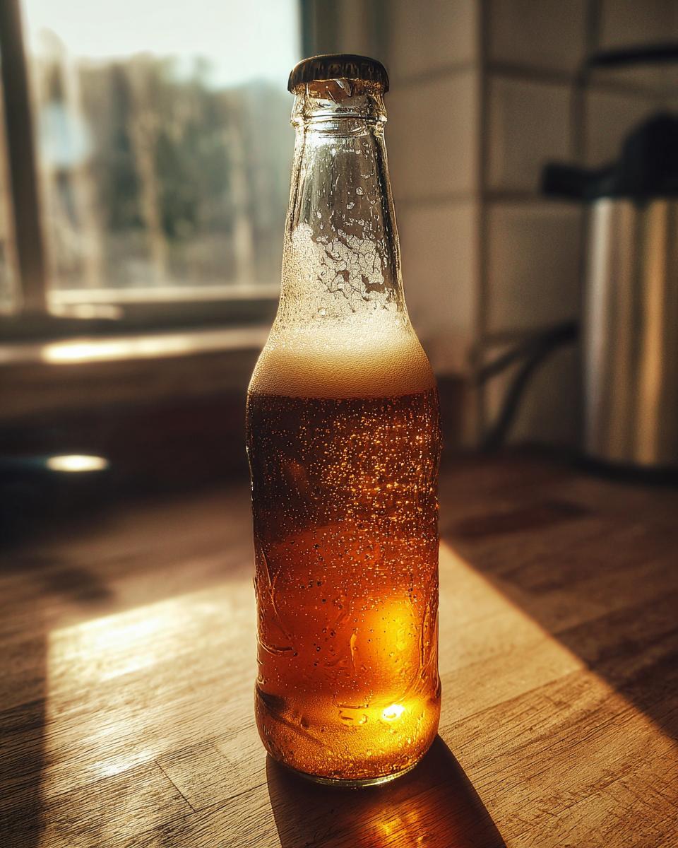 A condensation-covered bottle of golden Homemade IPA, capped and sitting on a sunlit wooden surface.