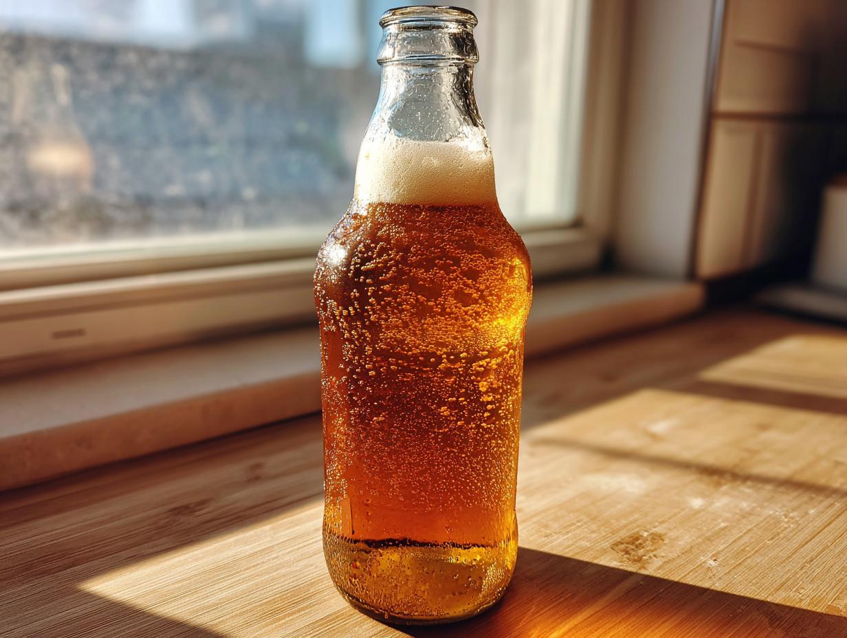 A clear glass bottle filled with amber Homemade IPA, showing active carbonation bubbles, sitting on a wooden surface near a window.