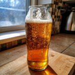 A condensation-covered bottle filled with golden Homemade IPA, sitting on a wooden surface near a bright window.