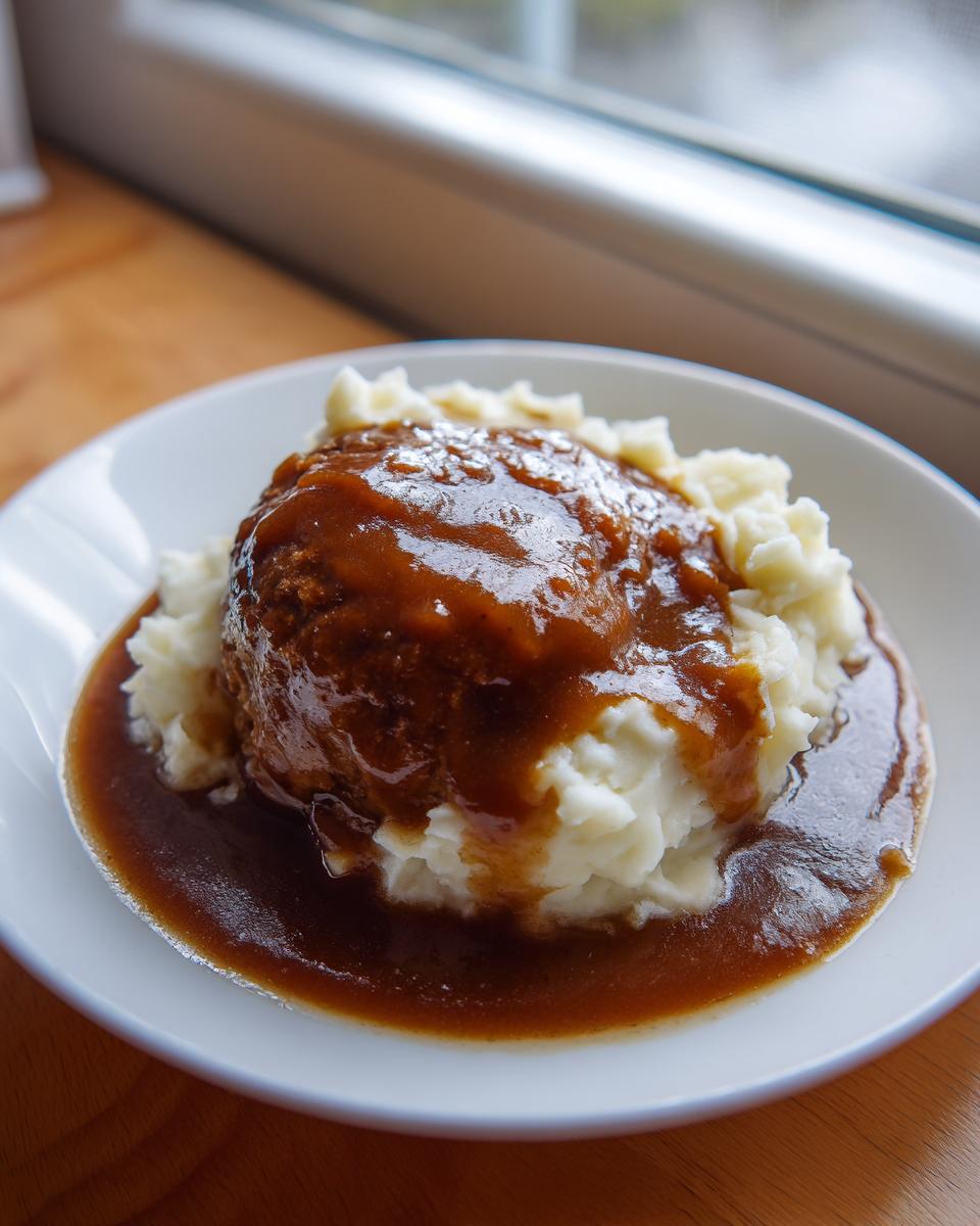 Rich, brown homemade KFC gravy copycat generously poured over a scoop of mashed potatoes.