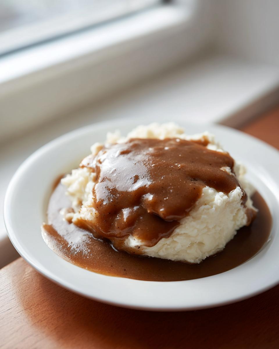 A serving of mashed potatoes generously topped with rich, brown homemade KFC gravy copycat.