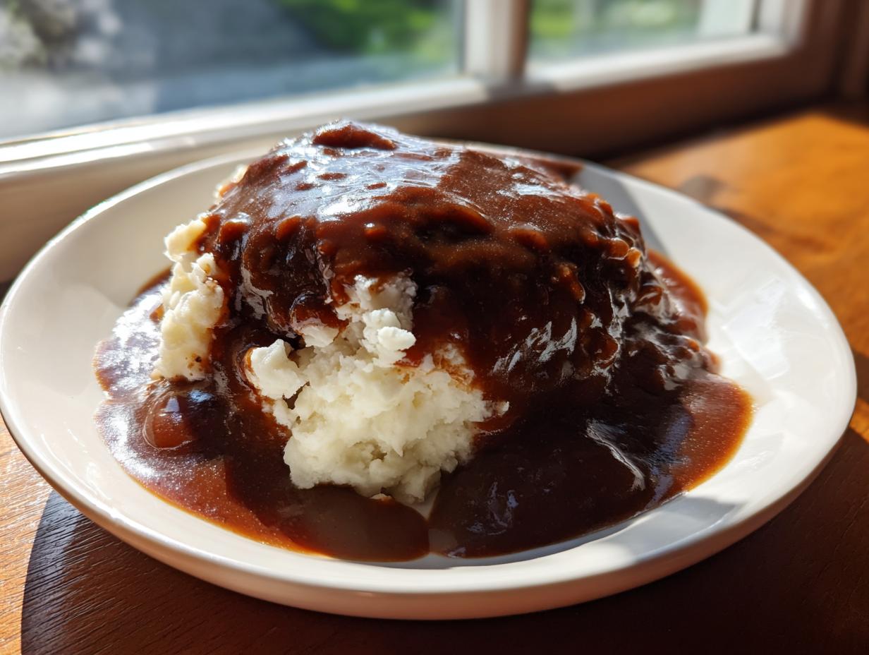 A scoop of mashed potatoes smothered in rich, dark homemade KFC gravy copycat sauce.