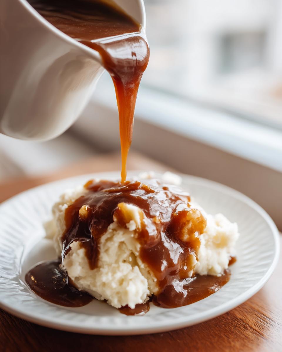 Rich brown homemade KFC gravy copycat being poured from a white gravy boat onto a mound of fluffy mashed potatoes.