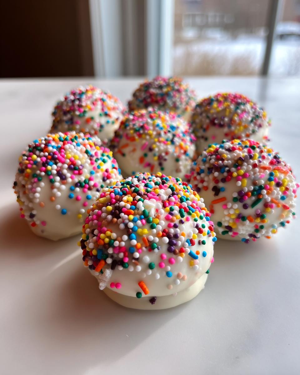 A group of homemade starbucks cake pop treats coated in white chocolate and covered in colorful rainbow sprinkles.