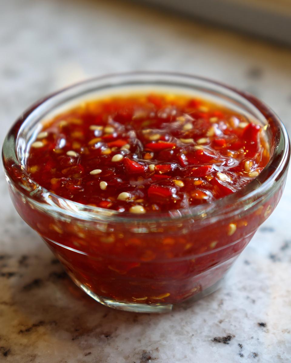 Close-up of thick, vibrant red homemade sweet chili sauce with visible chili flakes and sesame seeds in a small glass bowl.