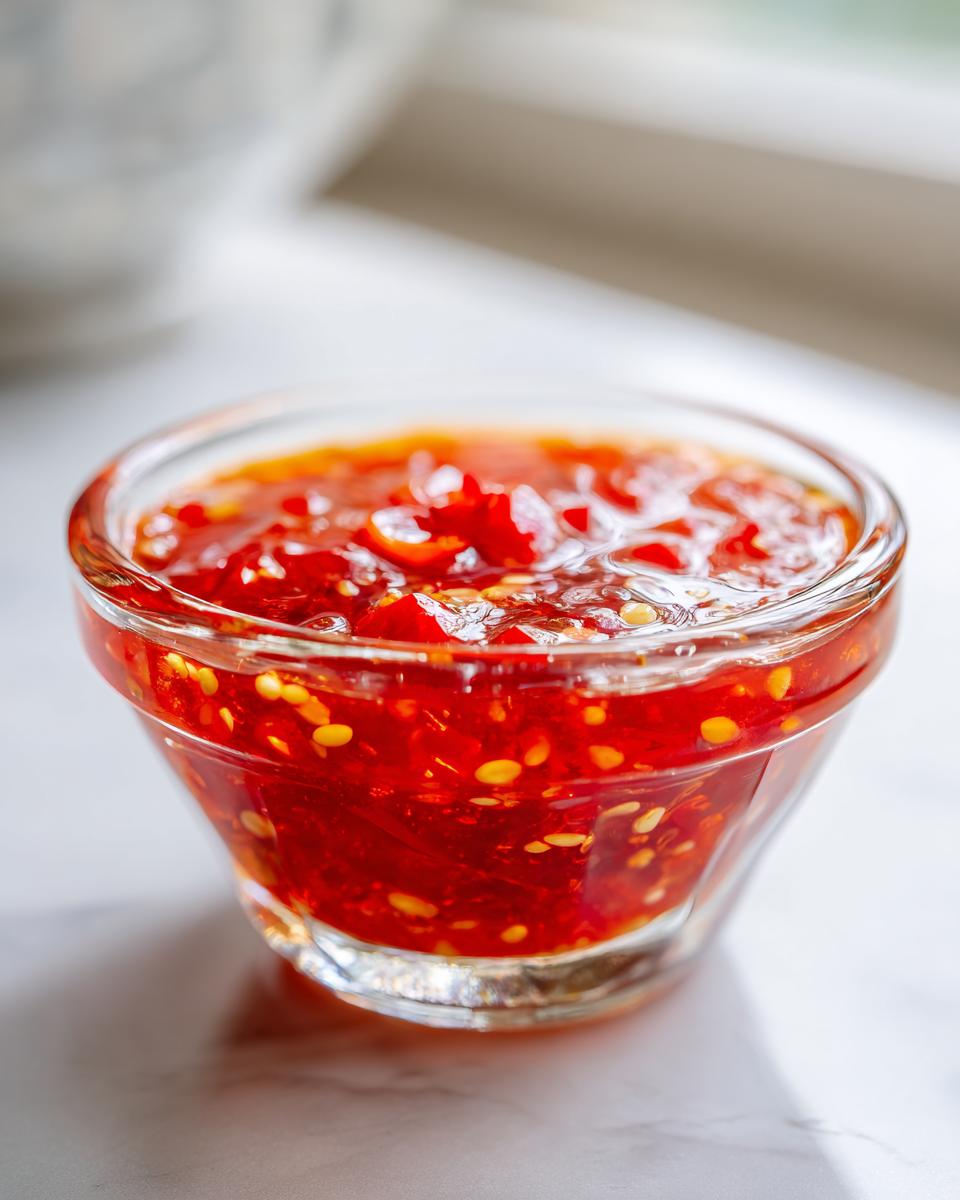 Close-up of bright red homemade sweet chili sauce with visible chili flakes and seeds in a small glass serving bowl.