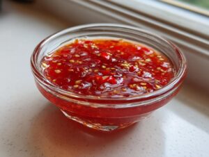 Close-up of vibrant red homemade sweet chili sauce, featuring visible chili flakes and seeds, served in a small clear glass bowl.