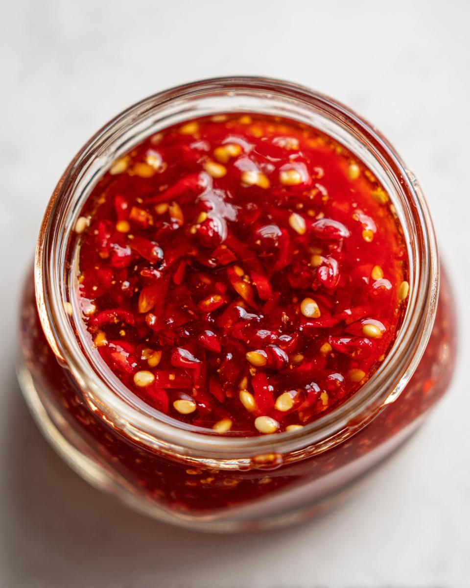 Overhead close-up of vibrant red homemade sweet chili sauce filled in a glass jar, showing chili flakes and seeds.