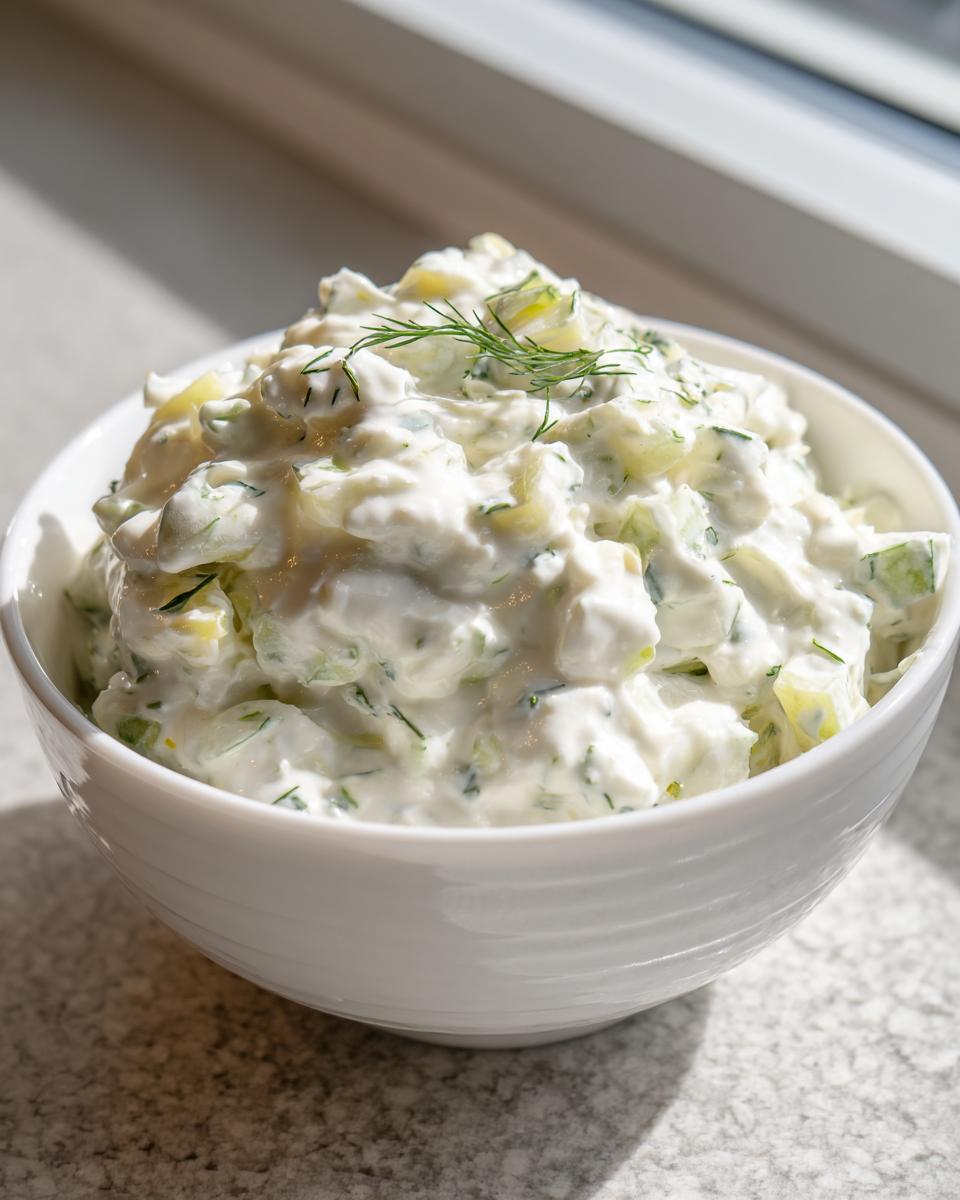 A white bowl filled with chunky homemade tartar sauce, featuring visible pieces of pickle and topped with fresh dill.