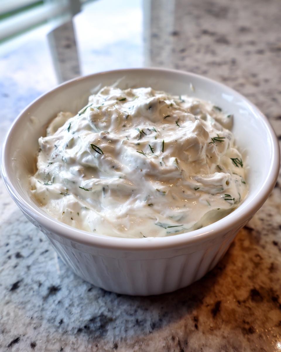 A close-up of a white fluted bowl filled with thick, creamy homemade tartar sauce speckled with green herbs.