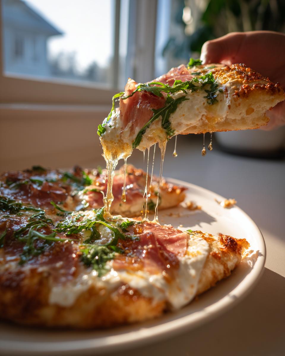 A hand lifts a slice of hot honey ricotta pizza, showing dripping honey strands from the prosciutto and ricotta topping.