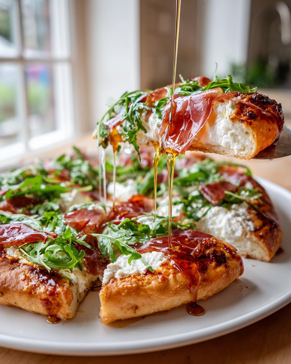 A slice of hot honey ricotta pizza being lifted while rich honey is drizzled over the prosciutto, ricotta, and arugula toppings.
