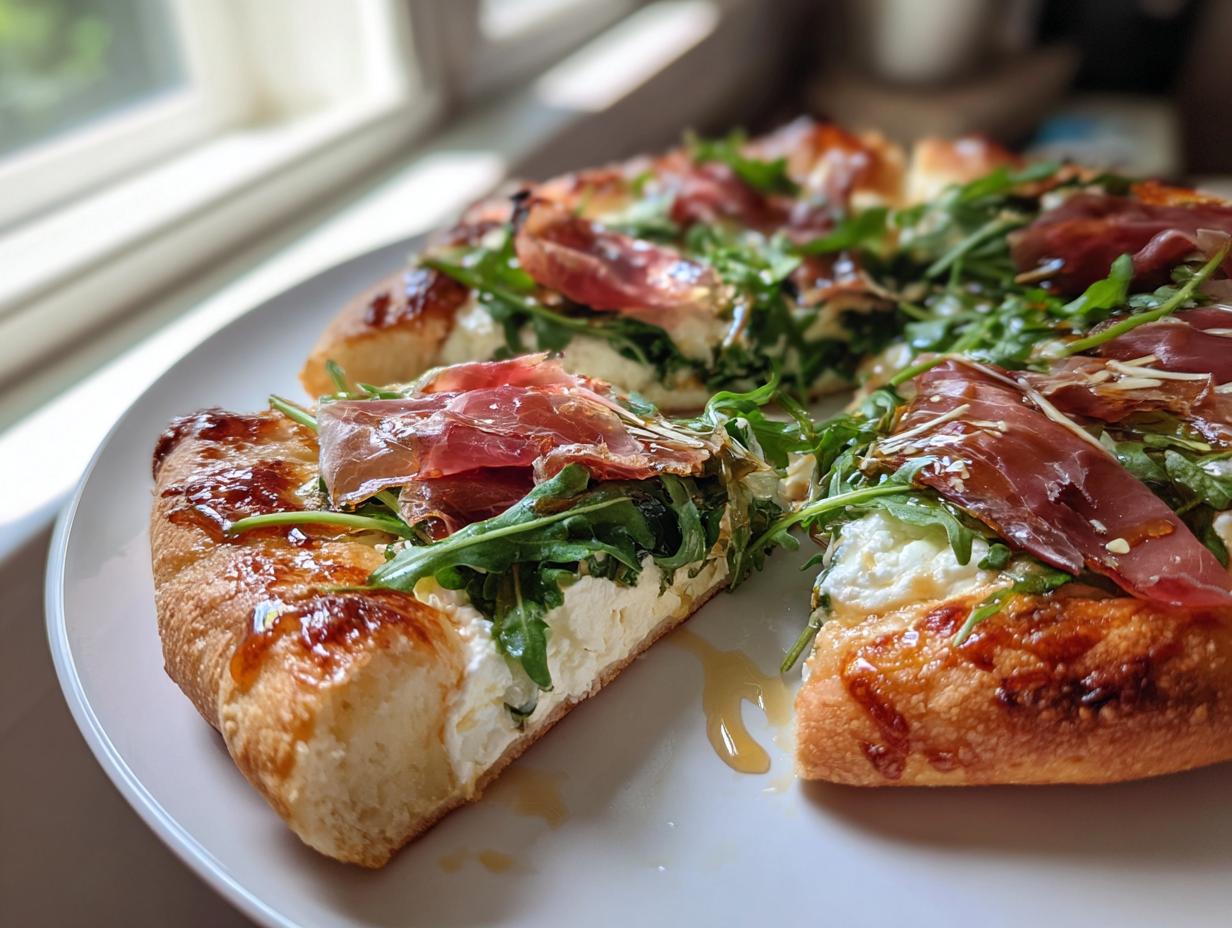A close-up of a slice of hot honey ricotta pizza topped with prosciutto, arugula, and drizzled with honey.