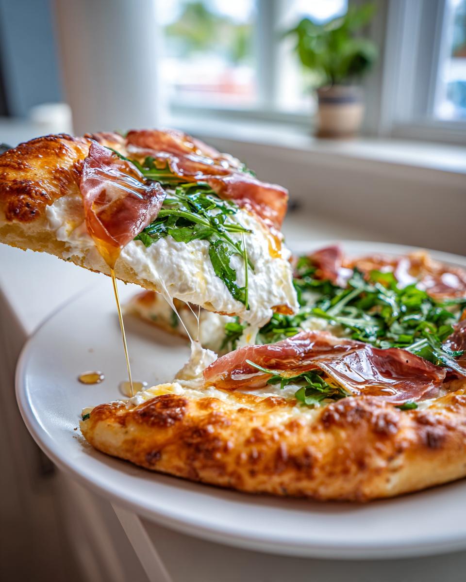 A slice of hot honey ricotta pizza being lifted, showing gooey cheese stretch and honey drizzle over prosciutto and arugula.