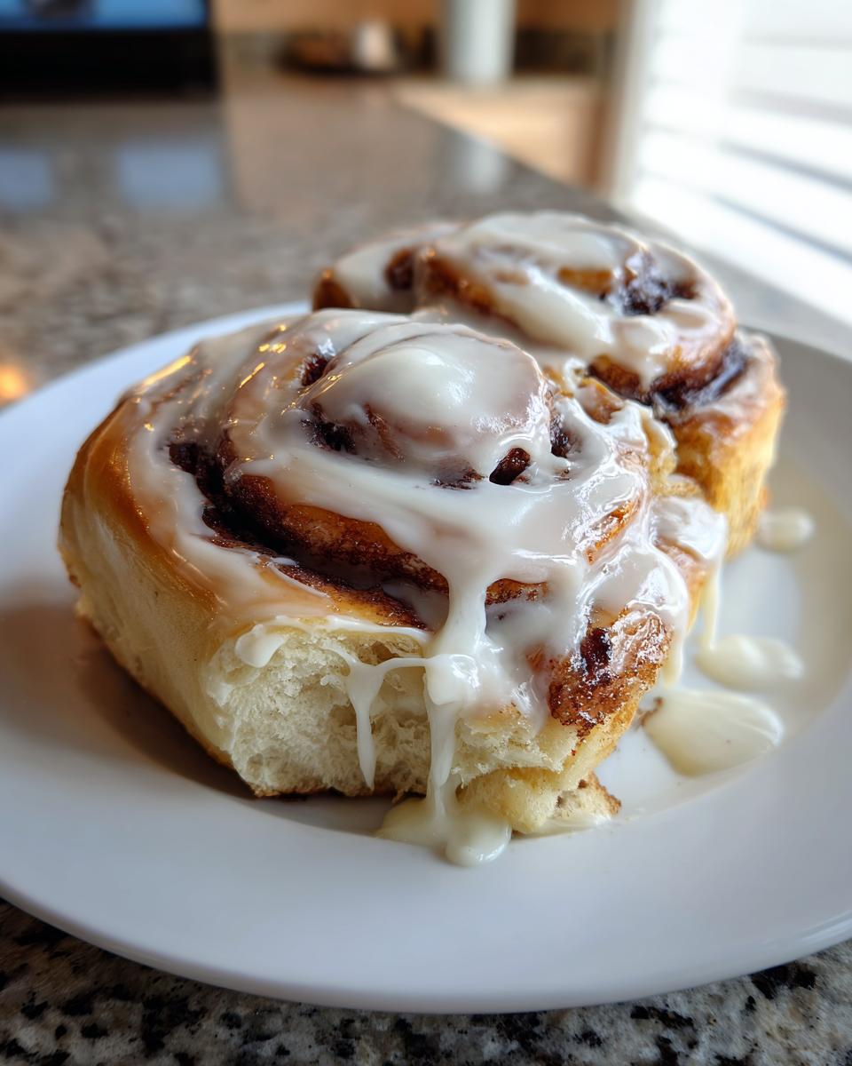 Two soft gluten-free cinnamon rolls generously covered in white icing, sitting on a white plate.