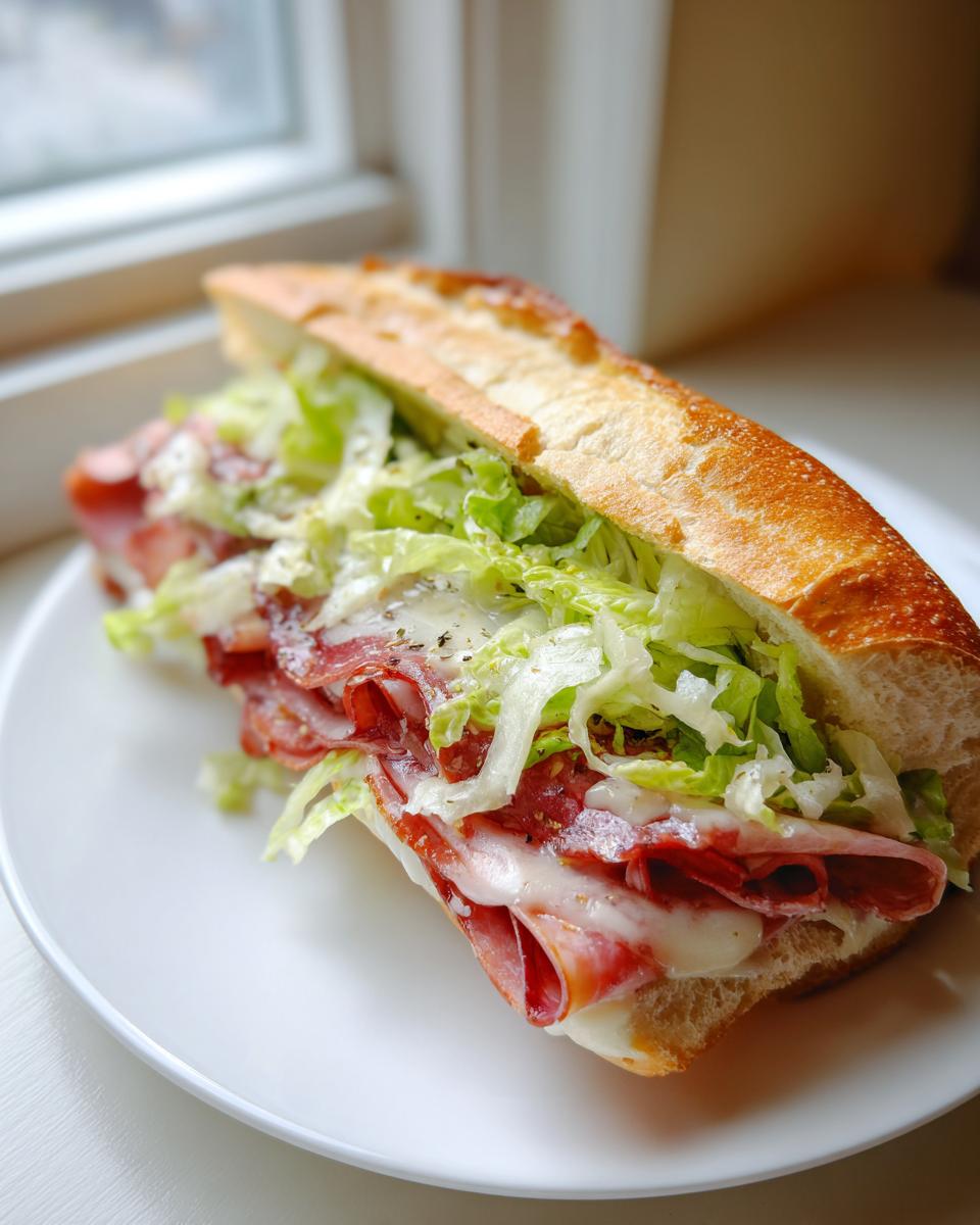 A cross-section view of a fully loaded Italian hoagie sandwich featuring layers of cured meats, melted cheese, and shredded lettuce on a crusty roll.
