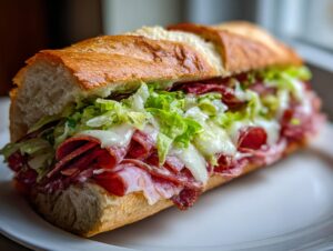 A close-up of a fully loaded Italian hoagie sandwich featuring layers of cured meats, melted cheese, and shredded lettuce on a crusty roll.