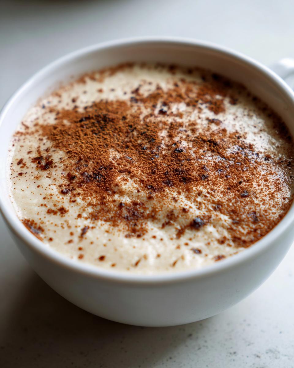 Close-up of creamy jamaican cornmeal porridge with coconut milk, topped generously with ground cinnamon.