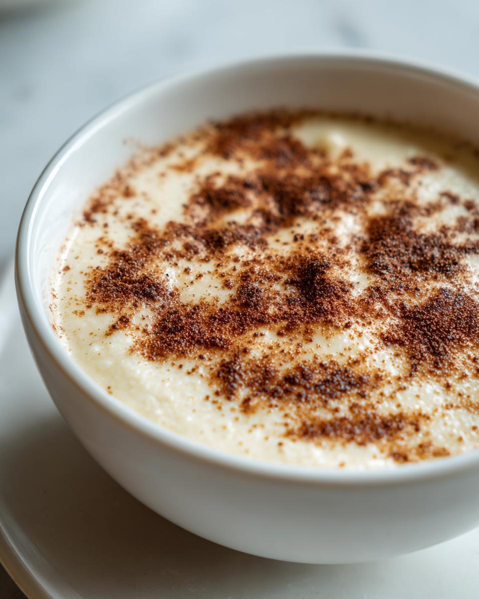 Close-up of creamy Jamaican cornmeal porridge with coconut milk, topped generously with ground cinnamon.
