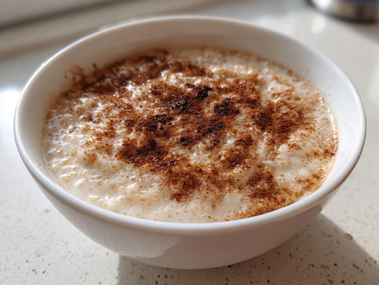 A close-up of creamy jamaican cornmeal porridge with coconut milk, topped generously with ground cinnamon.