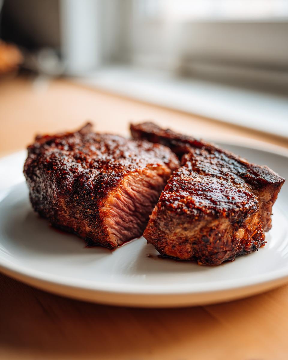 Close-up of perfectly cooked air fryer pork chops, cut to show the juicy, medium-rare interior.