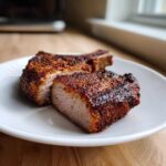 Two seasoned and perfectly cooked air fryer pork chops resting on a white plate, showing a juicy interior.