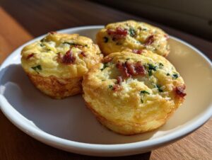 Three fluffy keto egg bites topped with bacon crumbles and green herbs served on a small white plate.
