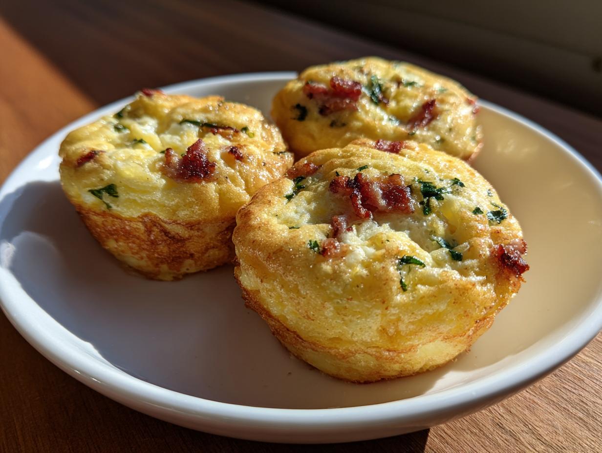 Three fluffy keto egg bites topped with bacon crumbles and green herbs served on a small white plate.