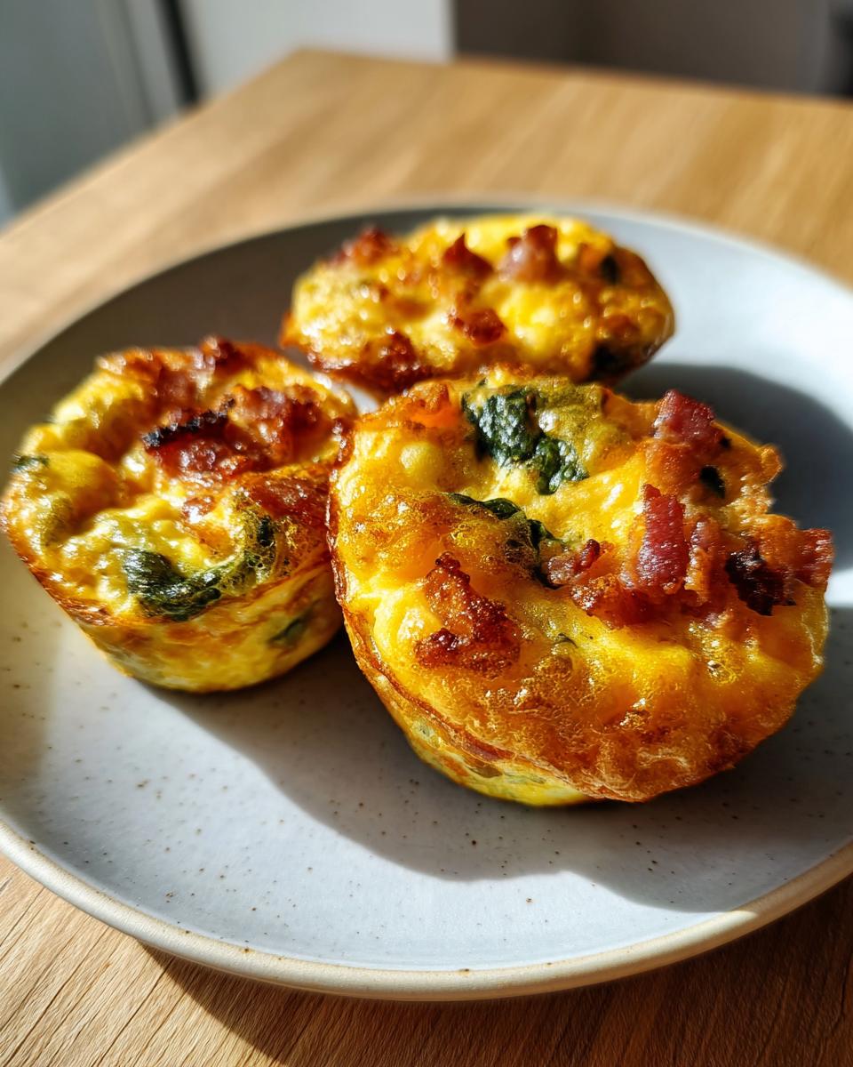 Close-up of three freshly baked keto egg bites topped with crispy bacon pieces, served on a speckled grey plate.