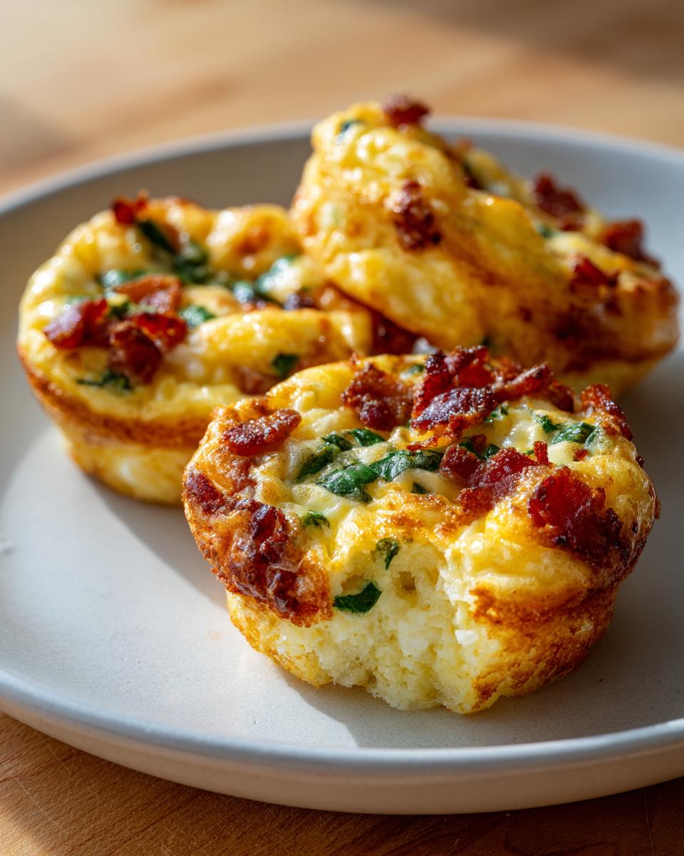 Close-up of three delicious keto egg bites topped with crispy bacon and spinach, one has a bite taken out.