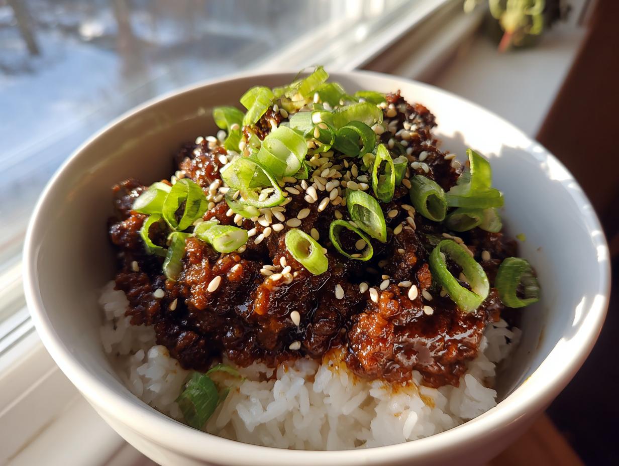 A close-up of a white bowl filled with white rice topped generously with saucy korean ground beef bowl, garnished with sliced green onions and sesame seeds.